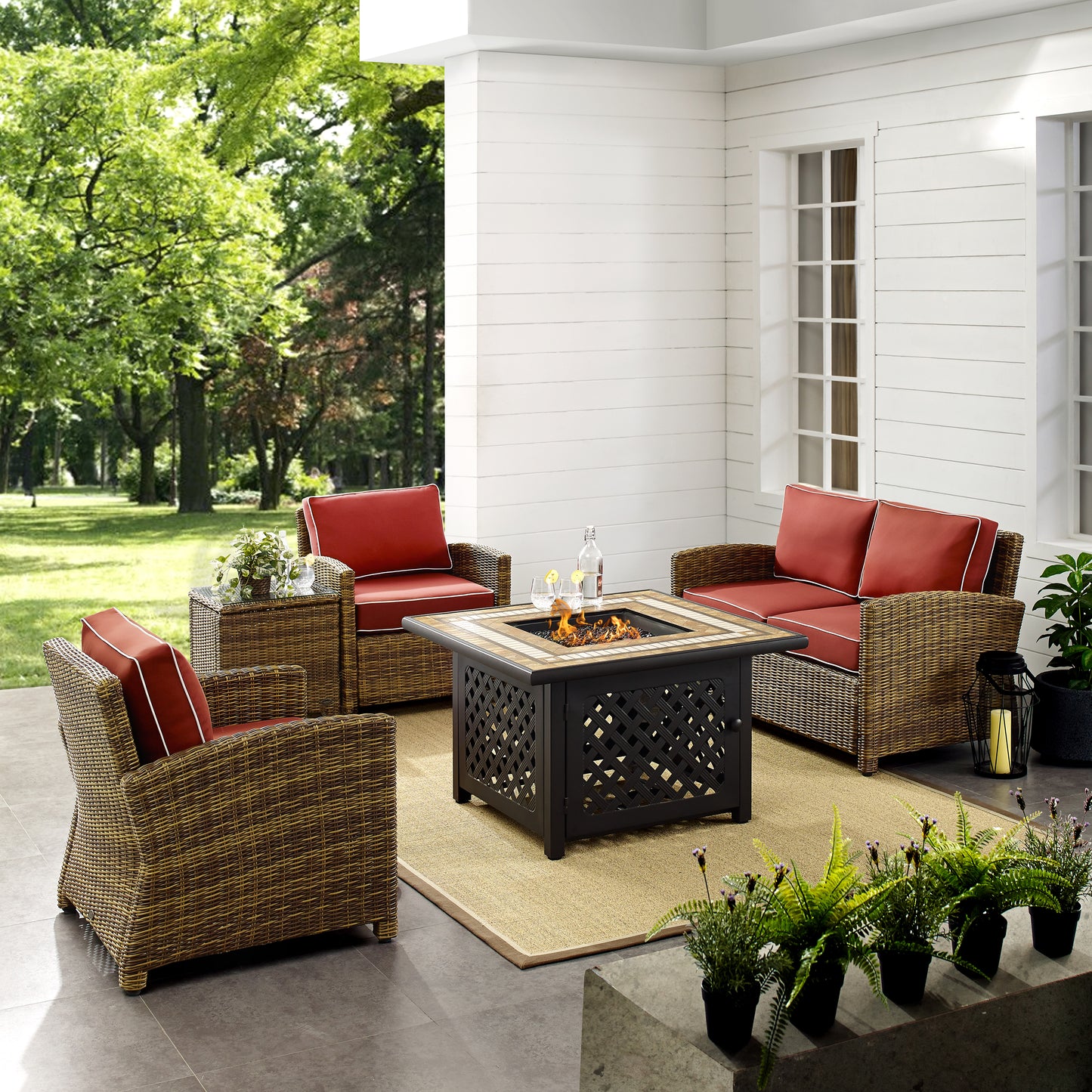 Bradenton 5Pc Outdoor Wicker Conversation Set W/Fire Table Weathered Brown/Sangria - Loveseat, Side Table, Tucson Fire Table, & 2 Armchairs