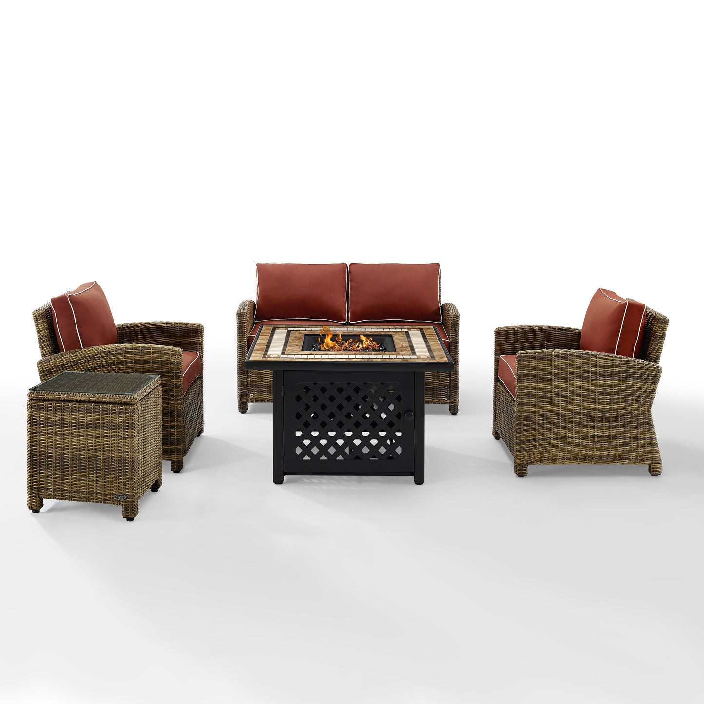 Bradenton 5Pc Outdoor Wicker Conversation Set W/Fire Table Weathered Brown/Sangria - Loveseat, Side Table, Tucson Fire Table, & 2 Armchairs