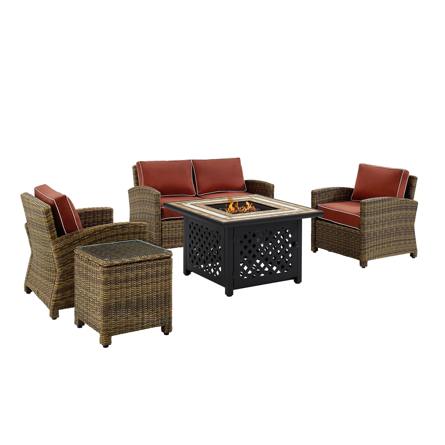 Bradenton 5Pc Outdoor Wicker Conversation Set W/Fire Table Weathered Brown/Sangria - Loveseat, Side Table, Tucson Fire Table, & 2 Armchairs