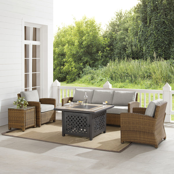 Bradenton 5Pc Outdoor Wicker Sofa Set W/Fire Table Gray/Weathered Brown - Sofa, Side Table, Tucson Fire Table, & 2 Armchairs