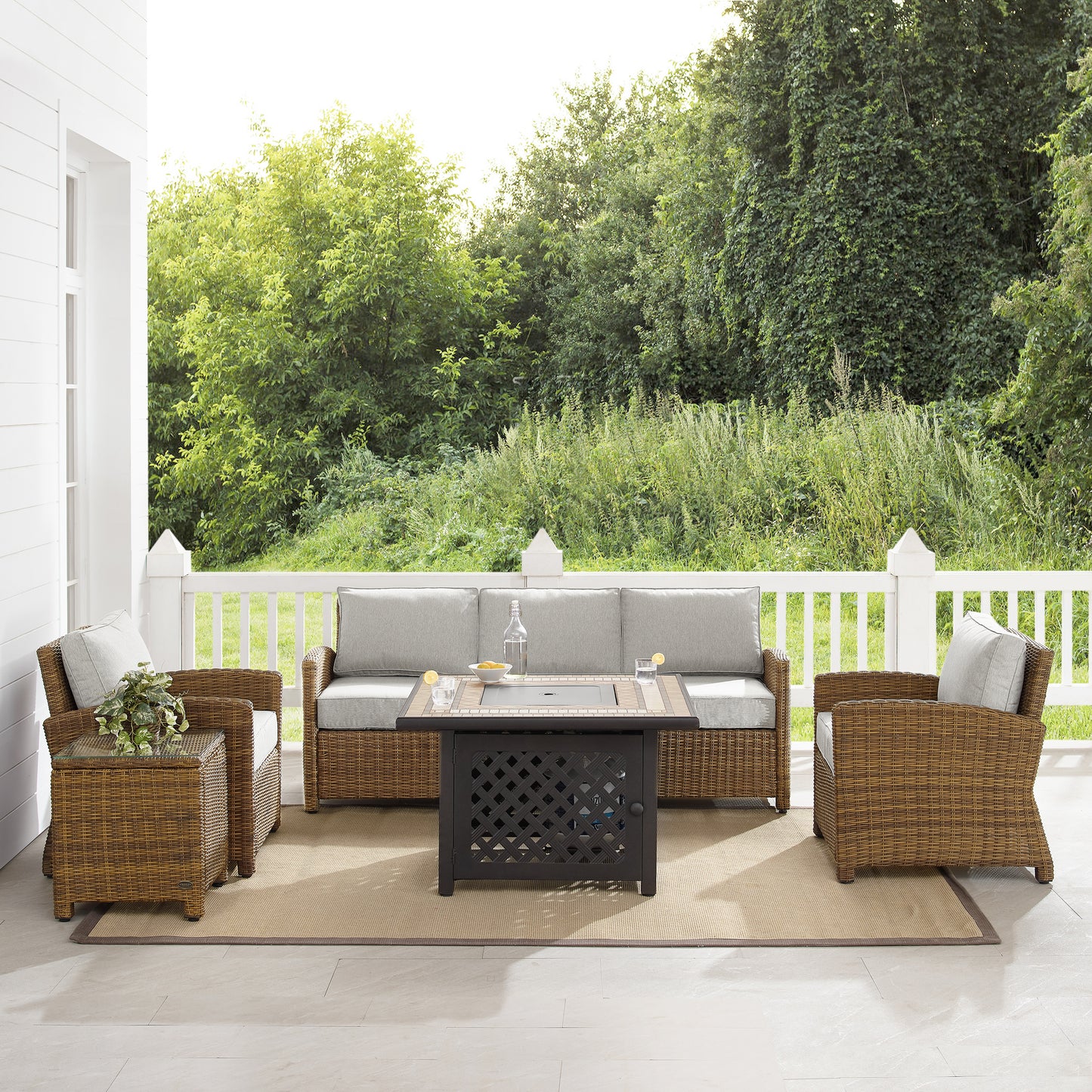 Bradenton 5Pc Outdoor Wicker Sofa Set W/Fire Table Gray/Weathered Brown - Sofa, Side Table, Tucson Fire Table, & 2 Armchairs