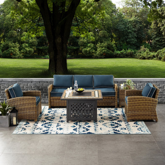 Bradenton 5Pc Outdoor Wicker Sofa Set W/Fire Table Weathered Brown/Navy - Sofa, Side Table, Tucson Fire Table, & 2 Armchairs