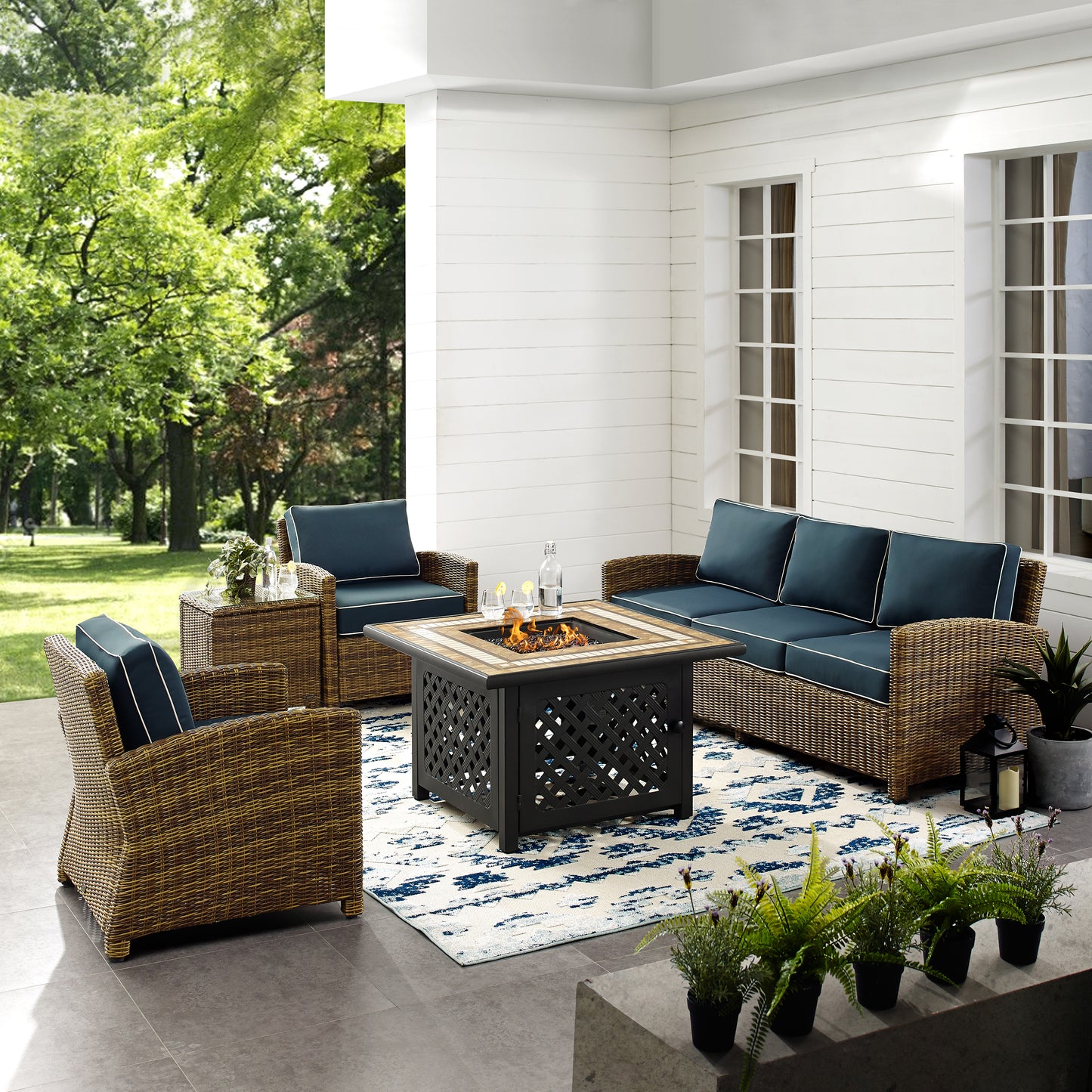 Bradenton 5Pc Outdoor Wicker Sofa Set W/Fire Table Weathered Brown/Navy - Sofa, Side Table, Tucson Fire Table, & 2 Armchairs