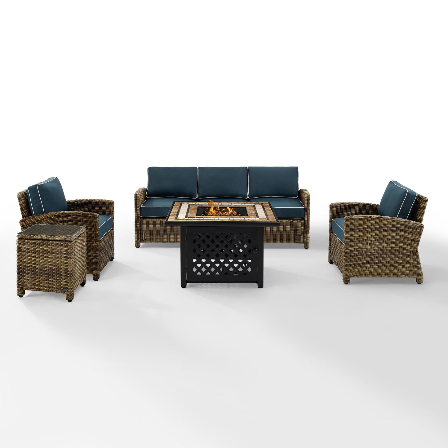 Bradenton 5Pc Outdoor Wicker Sofa Set W/Fire Table Weathered Brown/Navy - Sofa, Side Table, Tucson Fire Table, & 2 Armchairs