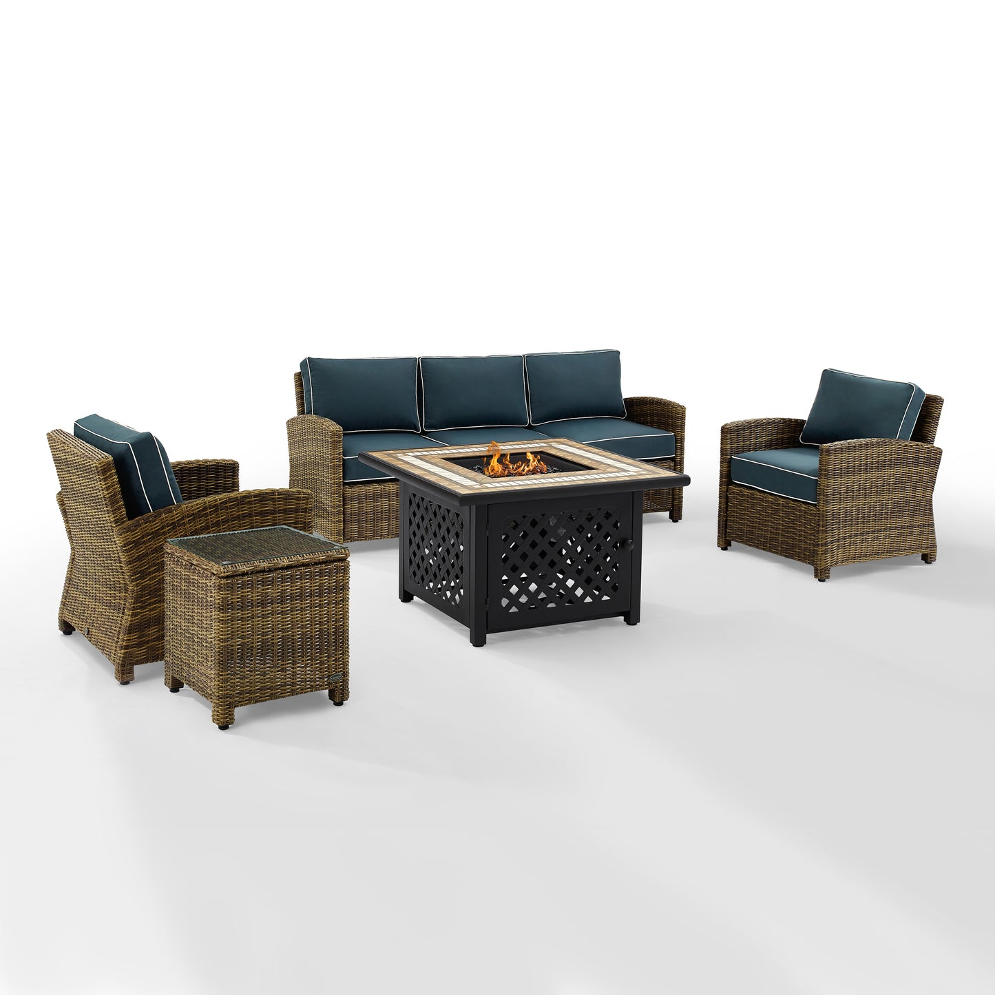 Bradenton 5Pc Outdoor Wicker Sofa Set W/Fire Table Weathered Brown/Navy - Sofa, Side Table, Tucson Fire Table, & 2 Armchairs