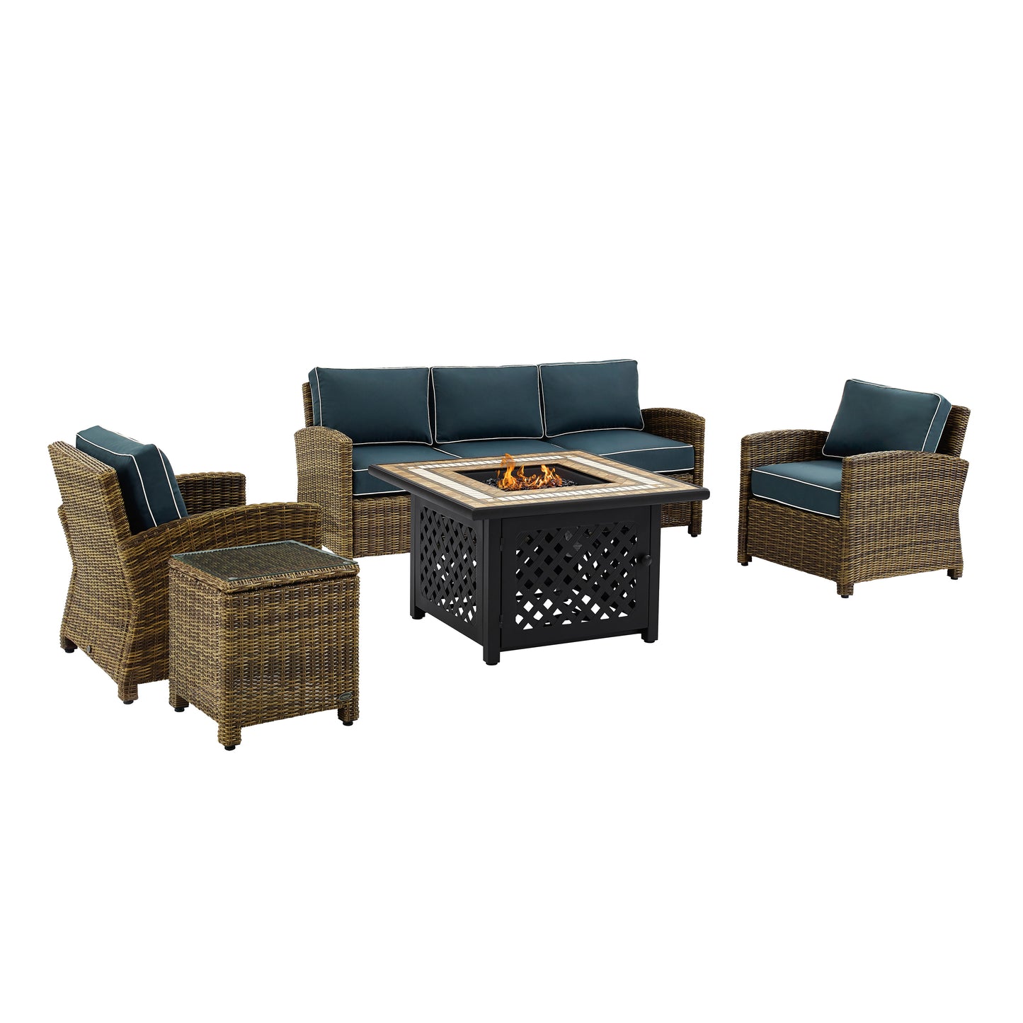 Bradenton 5Pc Outdoor Wicker Sofa Set W/Fire Table Weathered Brown/Navy - Sofa, Side Table, Tucson Fire Table, & 2 Armchairs