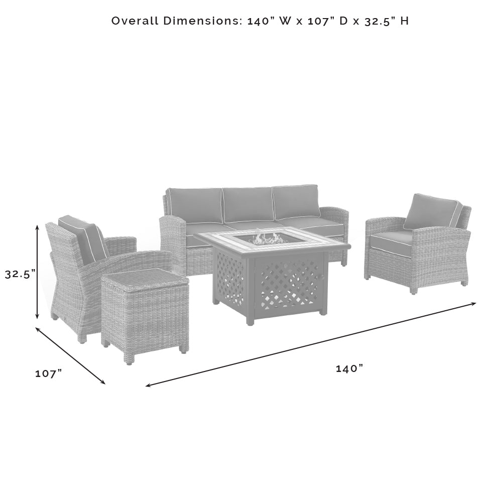 Bradenton 5Pc Outdoor Wicker Sofa Set W/Fire Table Weathered Brown/Navy - Sofa, Side Table, Tucson Fire Table, & 2 Armchairs