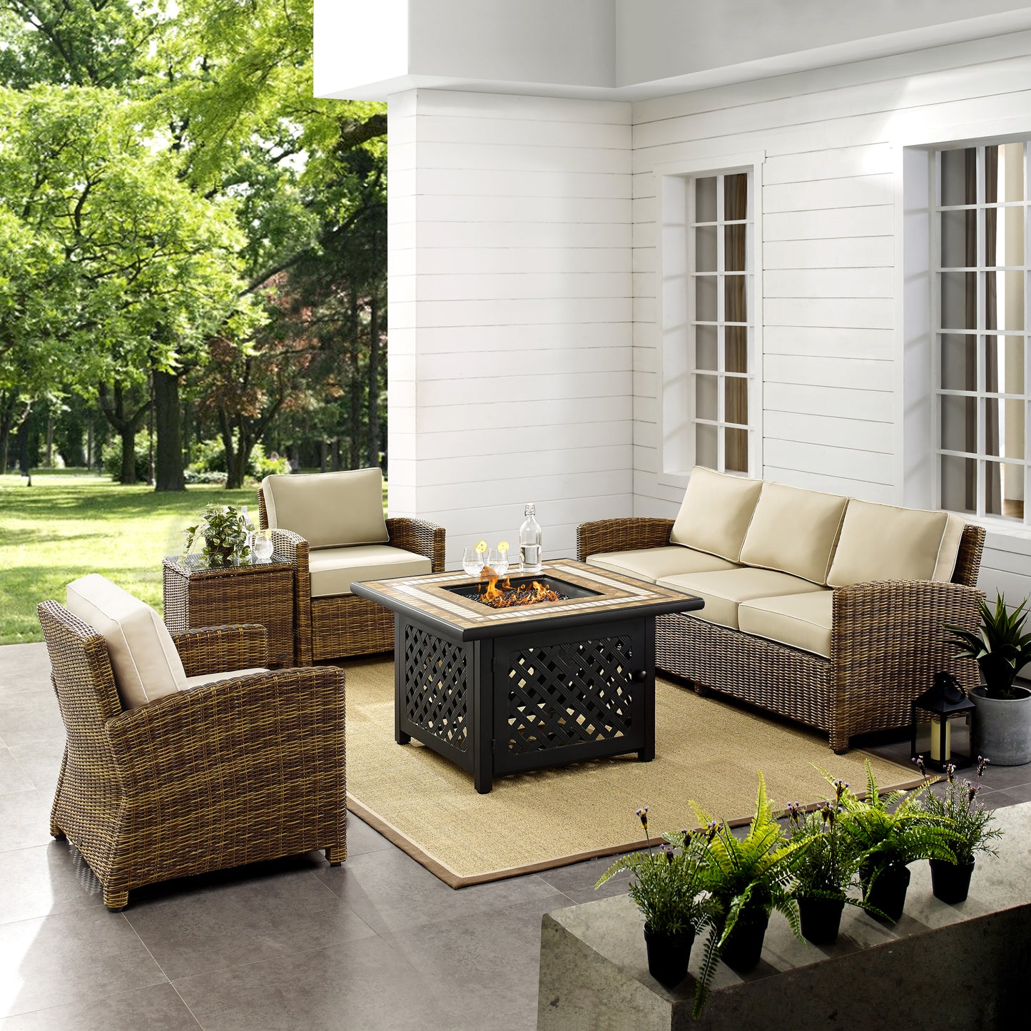 Bradenton 5Pc Outdoor Wicker Sofa Set W/Fire Table Weathered Brown/Sand - Sofa, Side Table, Tucson Fire Table, & 2 Armchairs