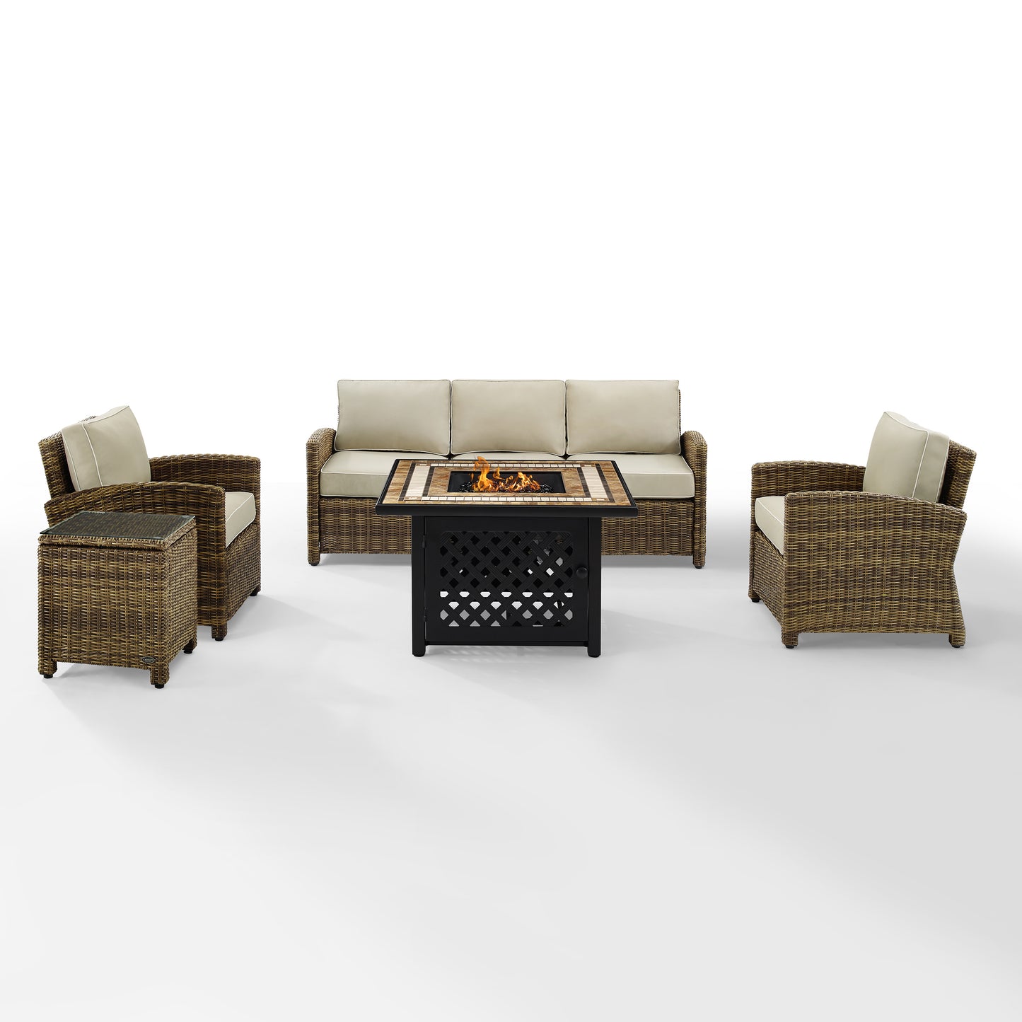 Bradenton 5Pc Outdoor Wicker Sofa Set W/Fire Table Weathered Brown/Sand - Sofa, Side Table, Tucson Fire Table, & 2 Armchairs