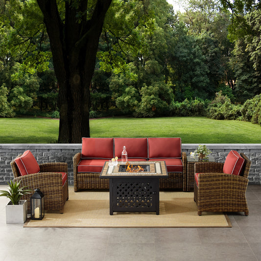 Bradenton 5Pc Outdoor Wicker Sofa Set W/Fire Table Weathered Brown/Sangria - Sofa, Side Table, Tucson Fire Table, & 2 Armchairs