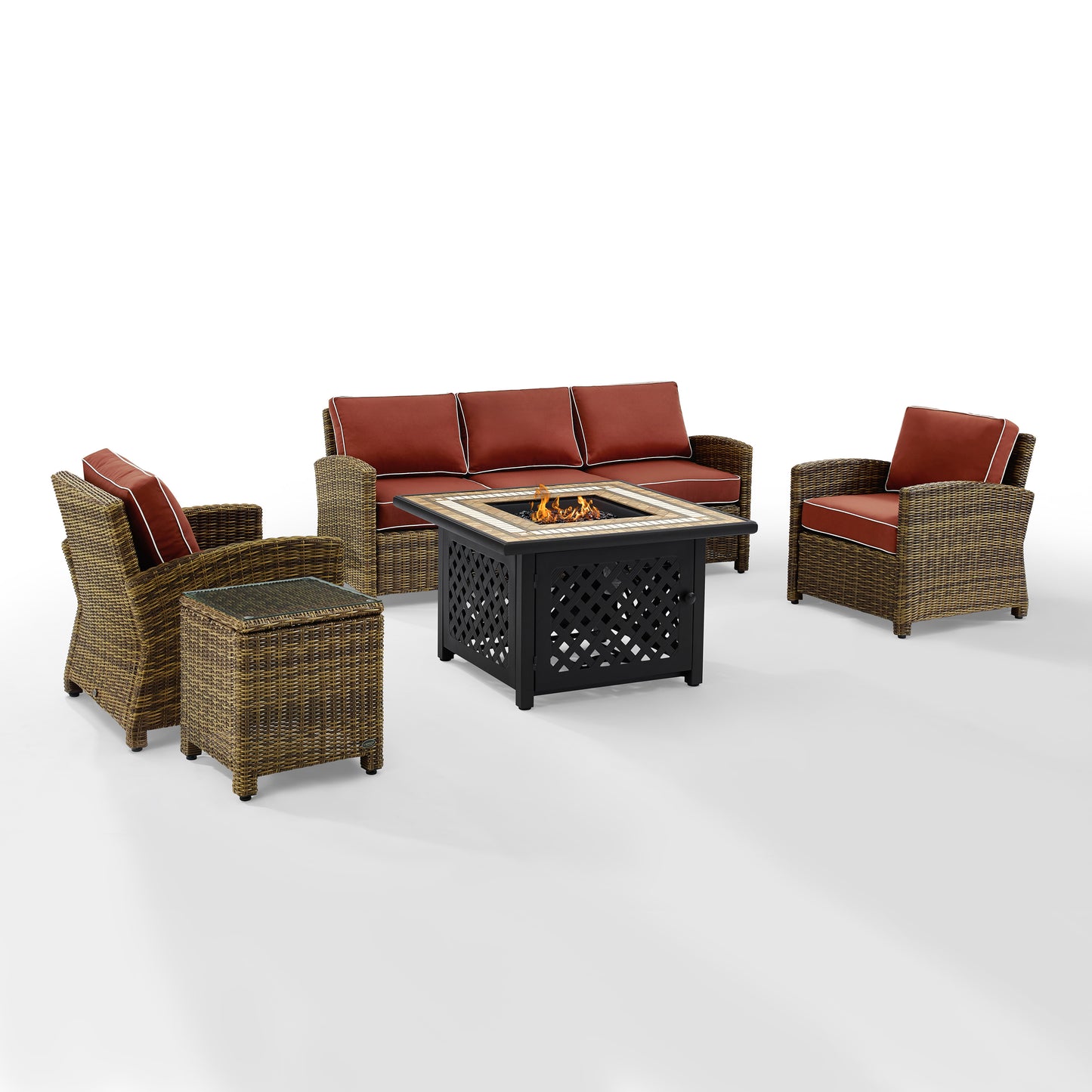 Bradenton 5Pc Outdoor Wicker Sofa Set W/Fire Table Weathered Brown/Sangria - Sofa, Side Table, Tucson Fire Table, & 2 Armchairs