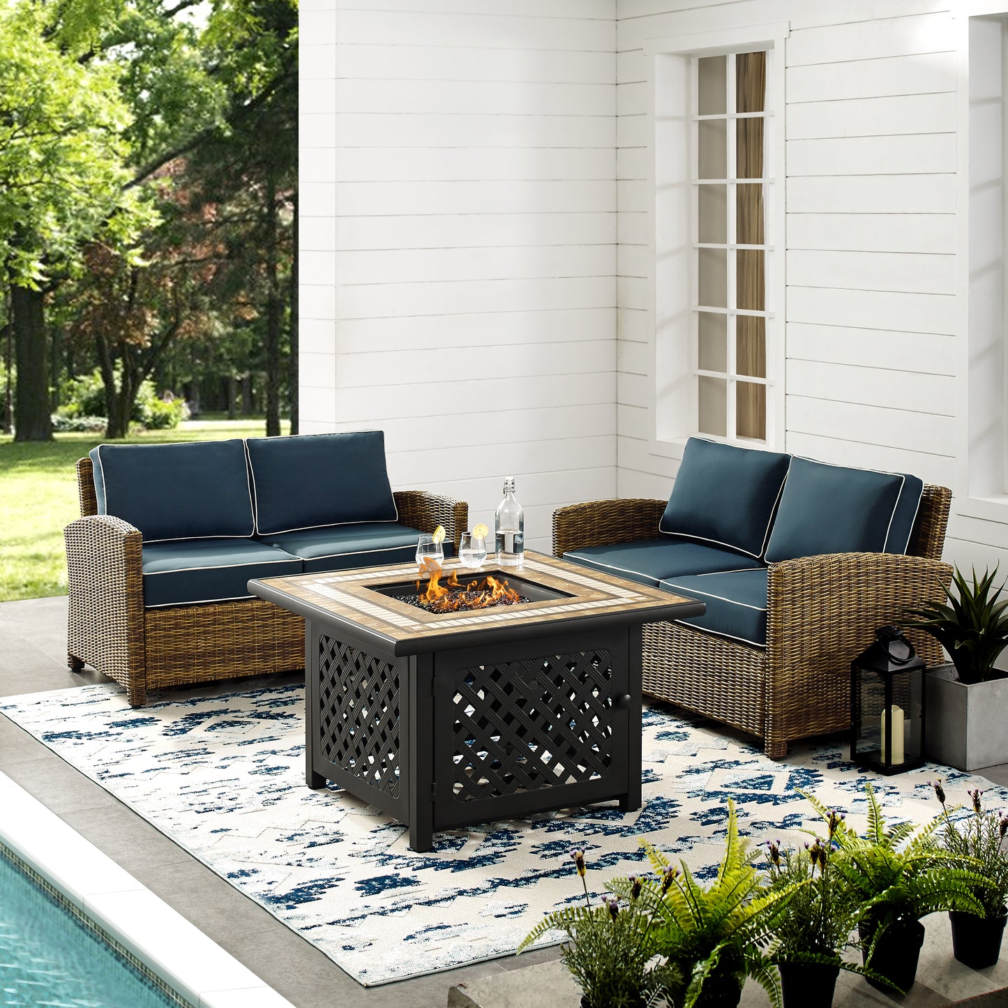 Bradenton 3Pc Outdoor Wicker Conversation Set W/Fire Table Navy/Weathered Brown - Tucson Fire Table & 2 Loveseats