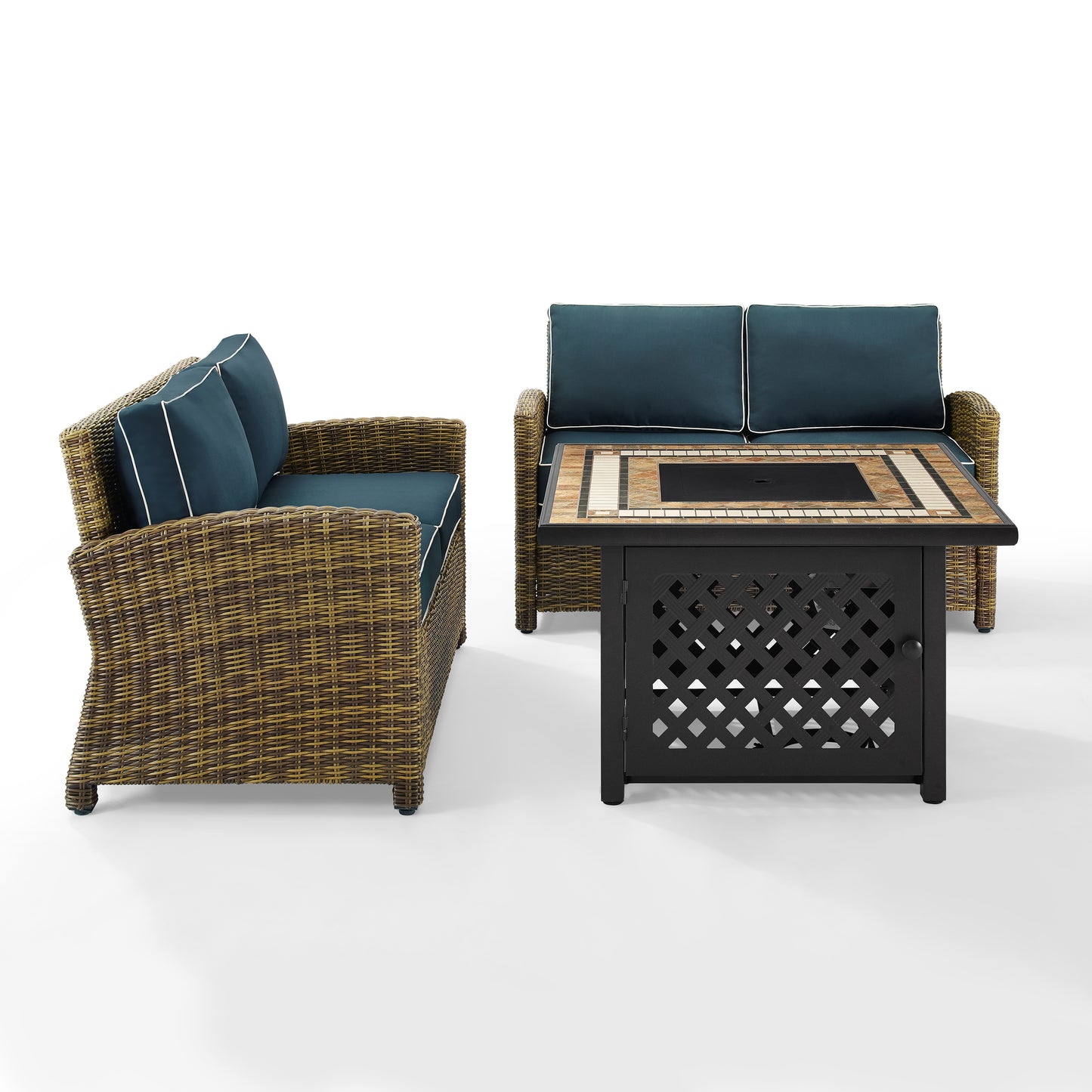 Bradenton 3Pc Outdoor Wicker Conversation Set W/Fire Table Navy/Weathered Brown - Tucson Fire Table & 2 Loveseats