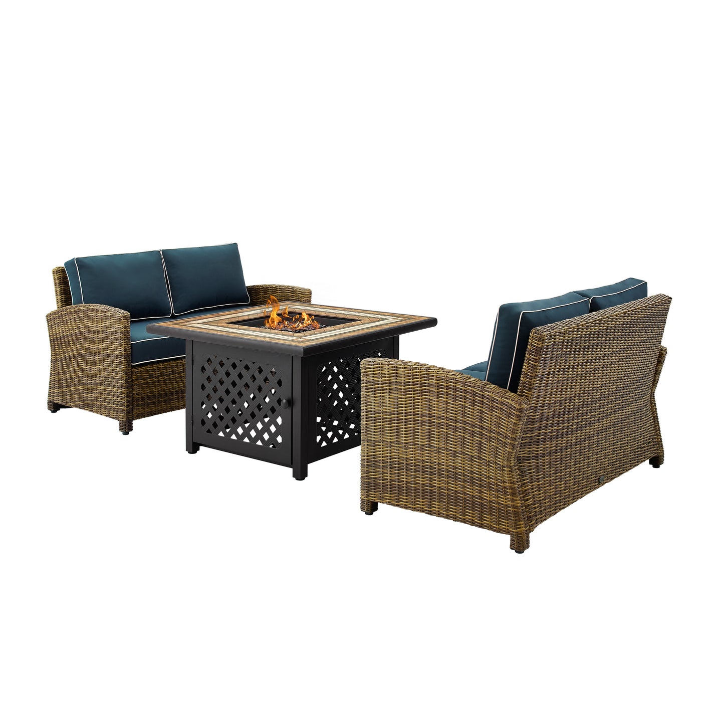 Bradenton 3Pc Outdoor Wicker Conversation Set W/Fire Table Navy/Weathered Brown - Tucson Fire Table & 2 Loveseats