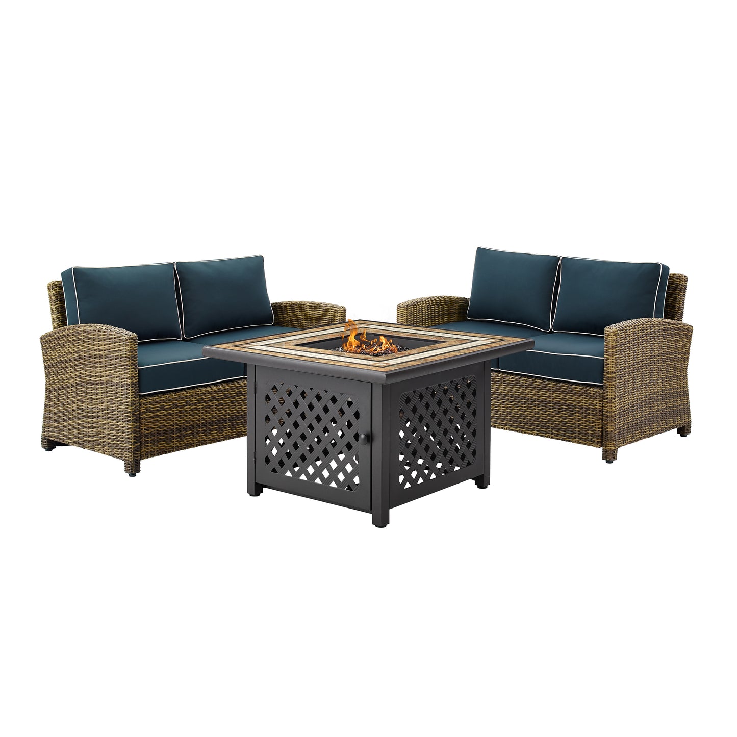 Bradenton 3Pc Outdoor Wicker Conversation Set W/Fire Table Navy/Weathered Brown - Tucson Fire Table & 2 Loveseats