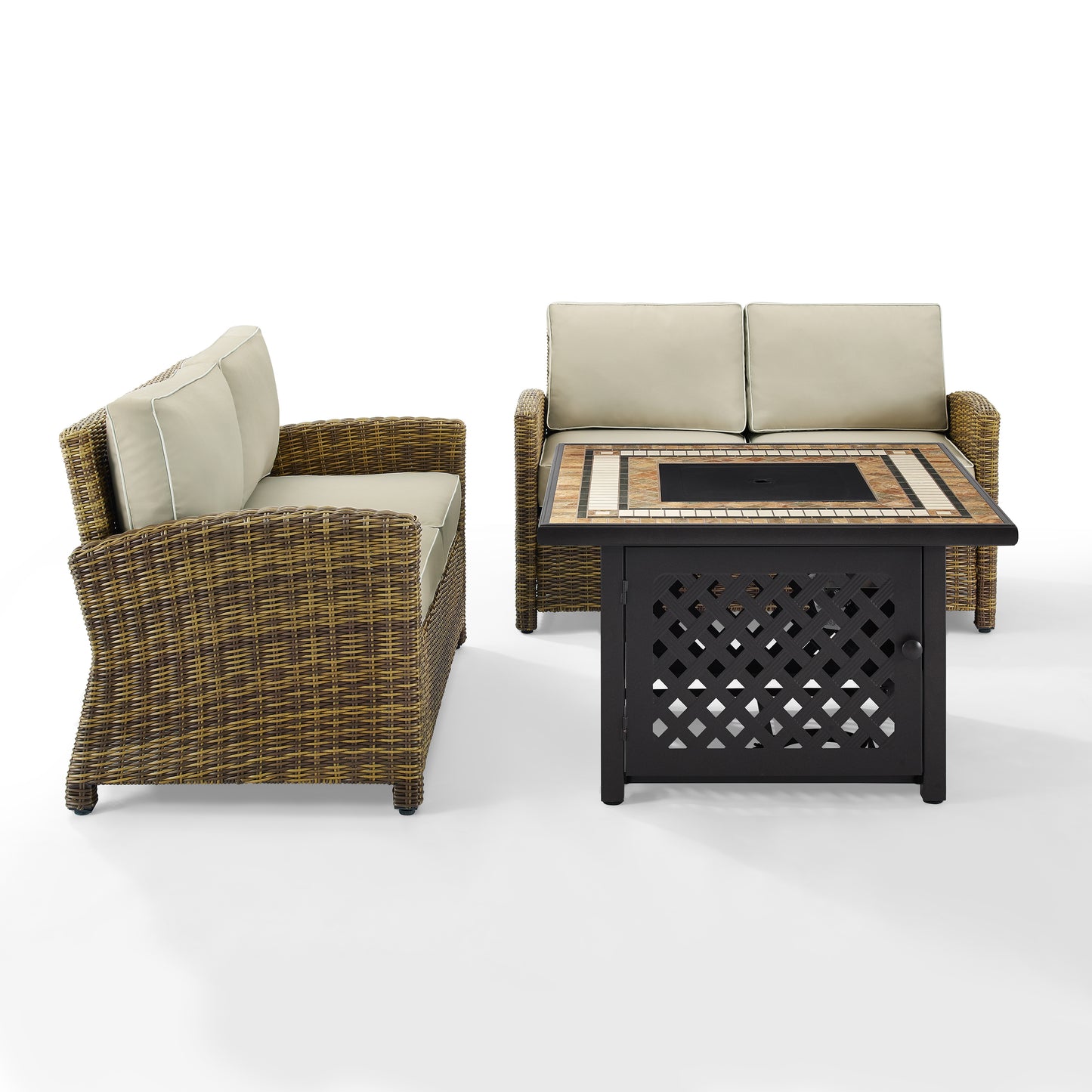 Bradenton 3Pc Outdoor Wicker Conversation Set W/Fire Table Sand/Weathered Brown - Tucson Fire Table & 2 Loveseats