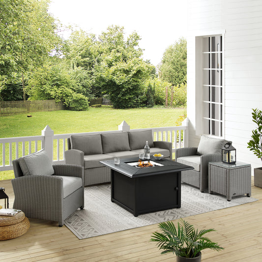 Bradenton 5Pc Wicker Sofa Set W/Fire Table Gray/Gray - Sofa, Dante Fire Table, Side Table, & 2 Arm Chairs