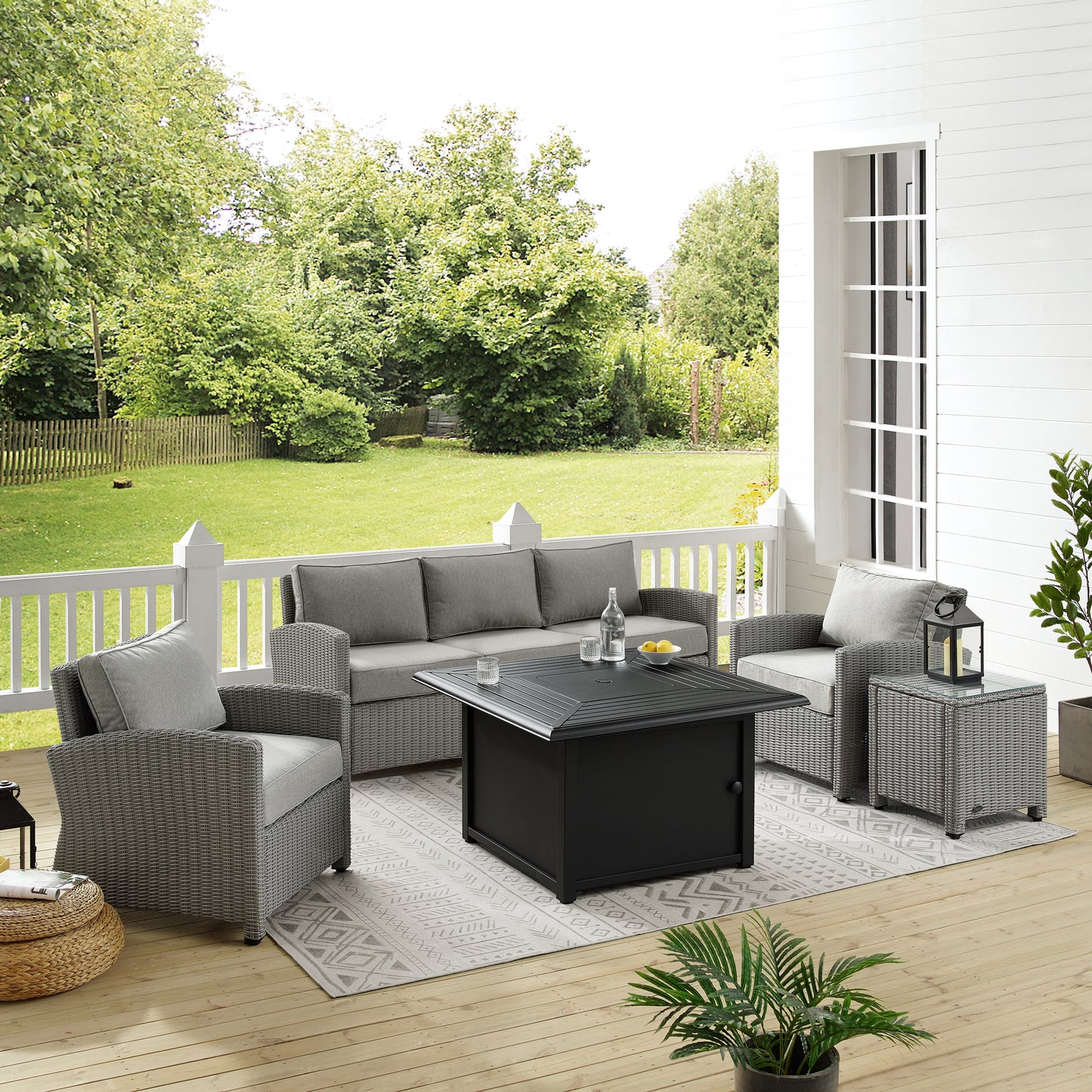 Bradenton 5Pc Wicker Sofa Set W/Fire Table Gray/Gray - Sofa, Dante Fire Table, Side Table, & 2 Arm Chairs