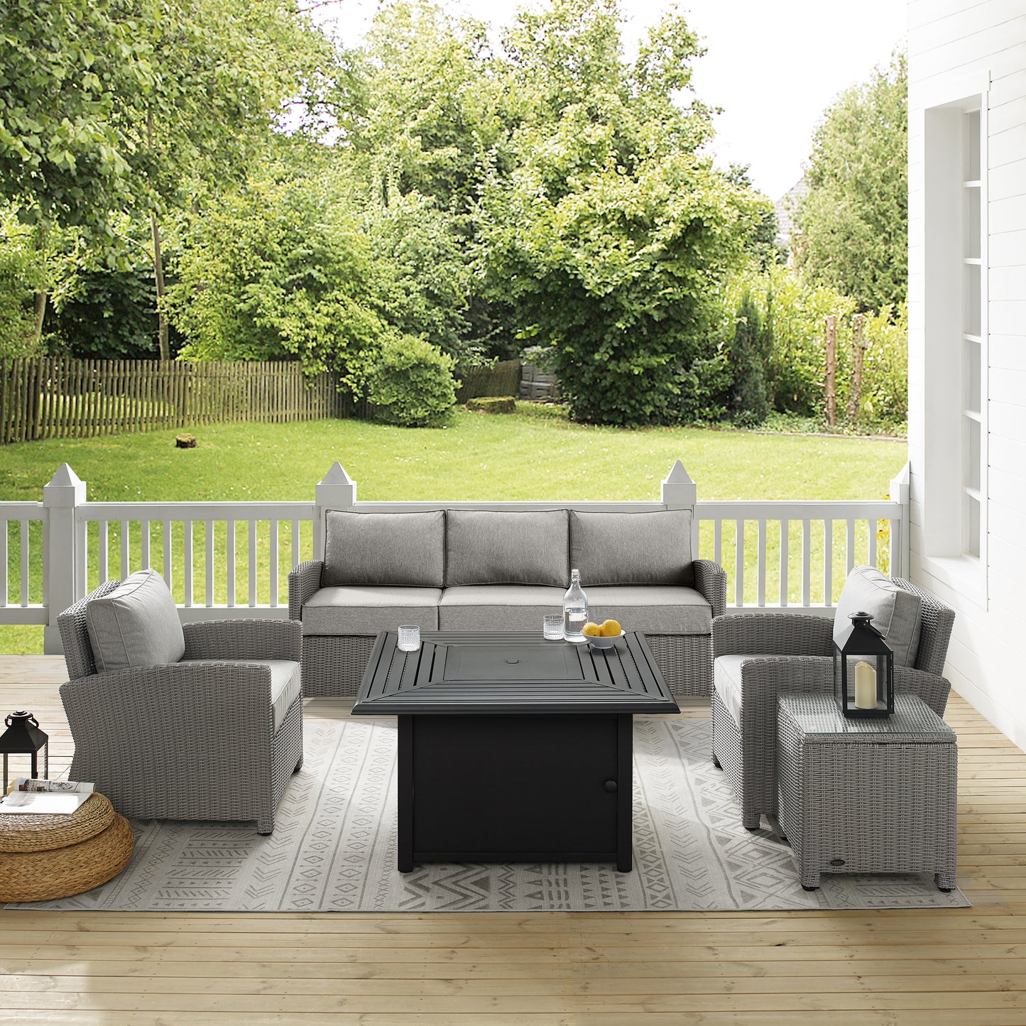 Bradenton 5Pc Wicker Sofa Set W/Fire Table Gray/Gray - Sofa, Dante Fire Table, Side Table, & 2 Arm Chairs