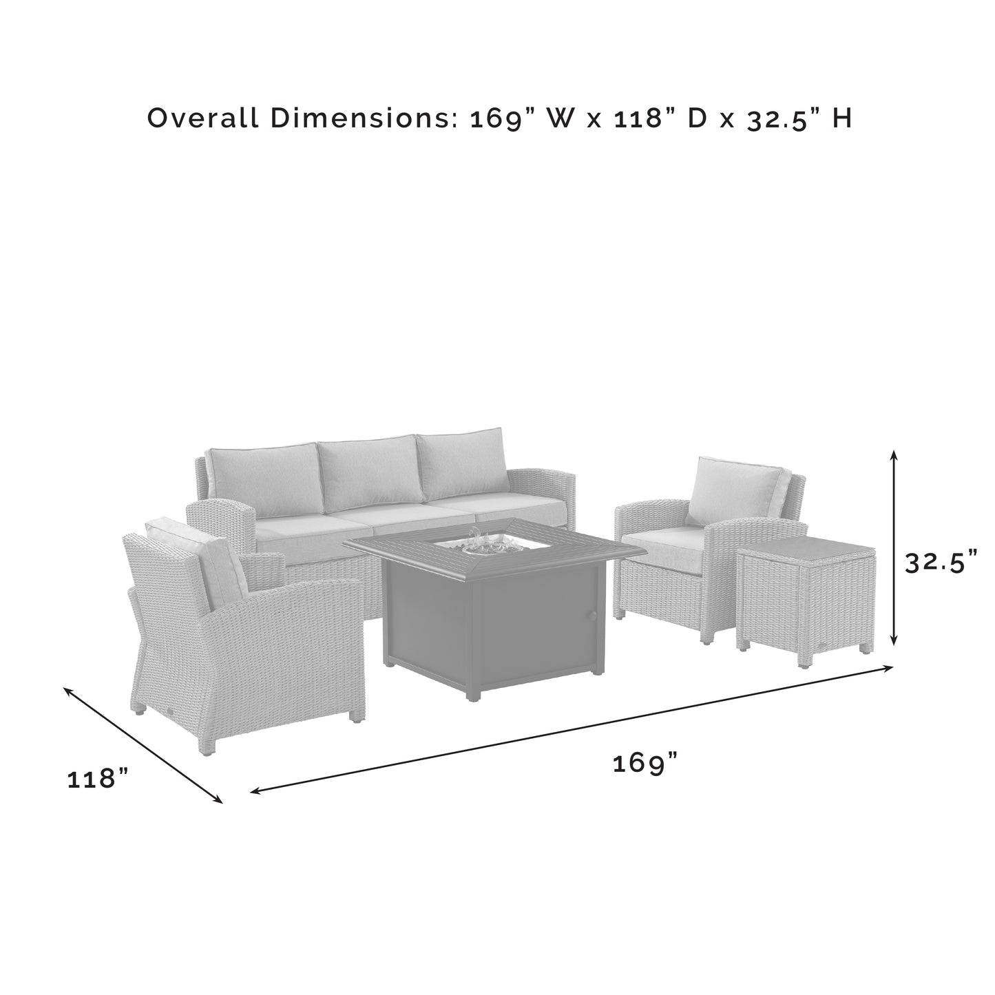 Bradenton 5Pc Wicker Sofa Set W/Fire Table Gray/Gray - Sofa, Dante Fire Table, Side Table, & 2 Arm Chairs