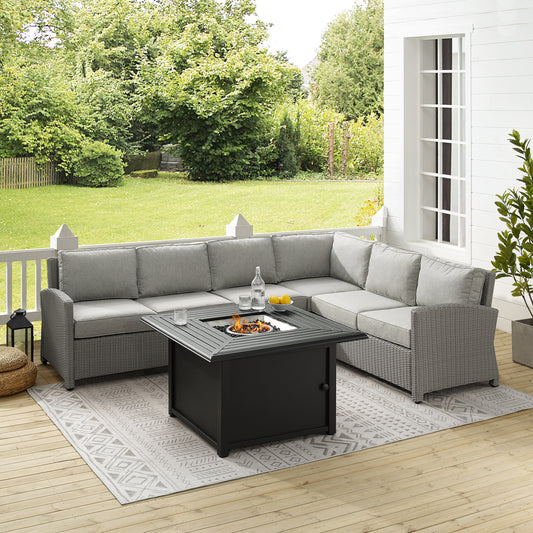 Bradenton 5Pc Wicker Sectional Set W/Fire Table Gray/Gray - Right Corner Loveseat, Left Corner Loveseat, Center Chair, Corner Chair, & Dante Fire Table