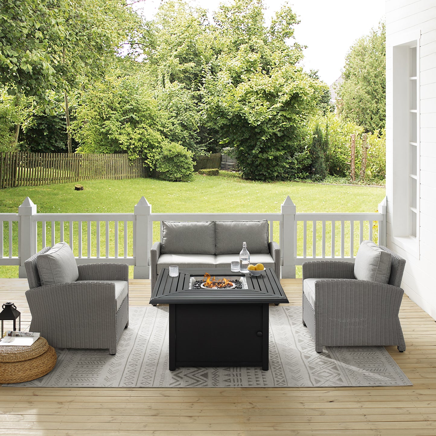 Bradenton 4Pc Wicker Convers Set W/Fire Table Gray/Gray - Loveseat, Dante Fire Table, & 2 Armchairs