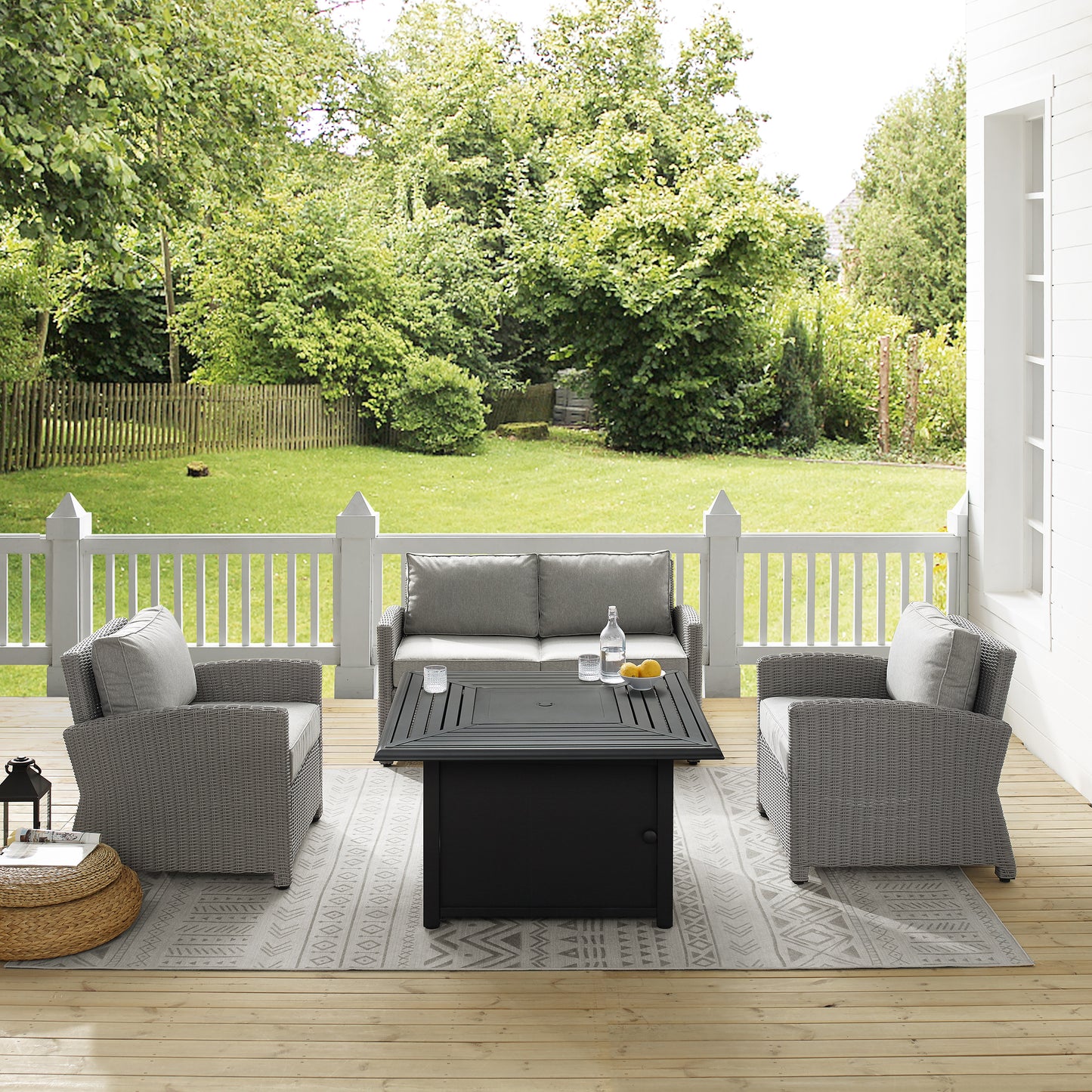 Bradenton 4Pc Wicker Convers Set W/Fire Table Gray/Gray - Loveseat, Dante Fire Table, & 2 Armchairs