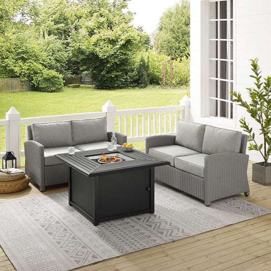 Bradenton 3Pc Wicker Loveseat Set W/Fire Table Gray/Gray - Dante Fire Table & 2 Loveseats