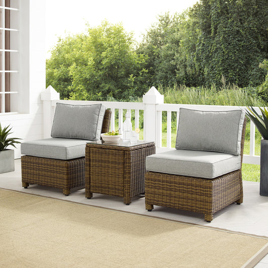 Bradenton 3Pc Outdoor Wicker Chair Set Gray/ Weathered Brown - Side Table & 2 Armless Chairs