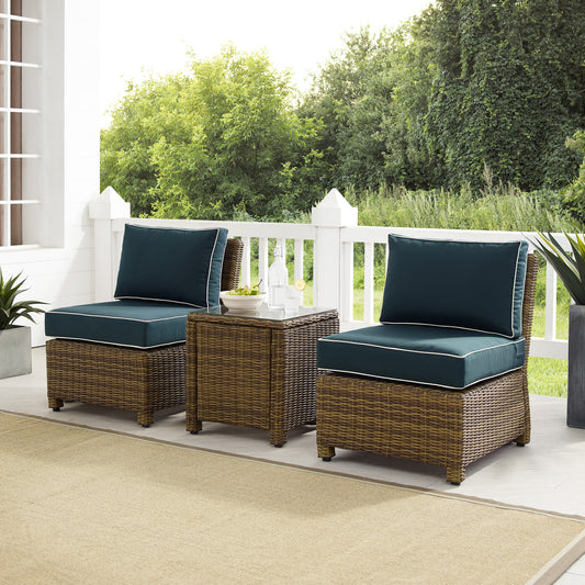 Bradenton 3Pc Outdoor Wicker Chair Set Navy/Weathered Brown - Side Table & 2 Armless Chairs