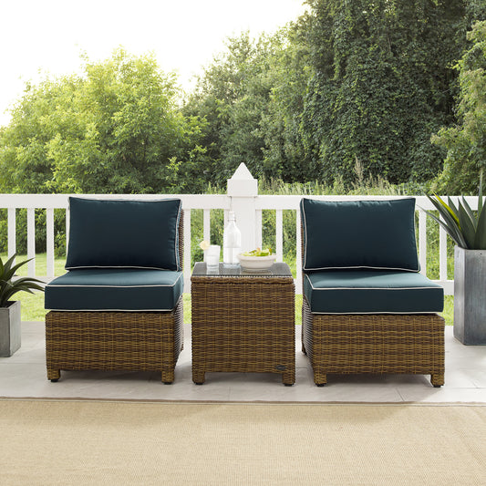 Bradenton 3Pc Outdoor Wicker Chair Set Navy/Weathered Brown - Side Table & 2 Armless Chairs