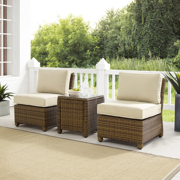 Bradenton 3Pc Outdoor Wicker Chair Set Sand/ Weathered Brown - Side Table & 2 Armless Chairs