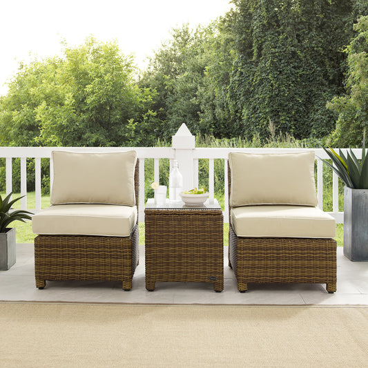 Bradenton 3Pc Outdoor Wicker Chair Set Sand/ Weathered Brown - Side Table & 2 Armless Chairs