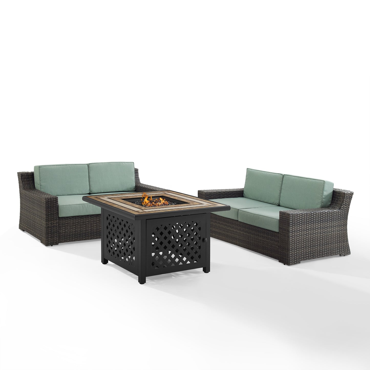 Beaufort 3Pc Outdoor Wicker Conversation Set W/Fire Table Mist/Brown - Tucson Fire Table & 2 Loveseats