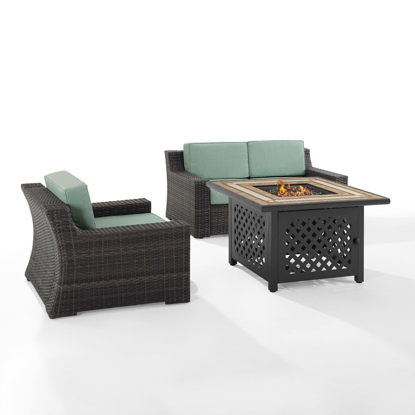 Beaufort 3Pc Outdoor Wicker Conversation Set W/Fire Table Mist/Brown - Tucson Fire Table, Loveseat, & Chair