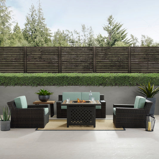 Beaufort 5Pc Outdoor Wicker Conversation Set W/Fire Table Mist/Brown - Tucson Fire Table, Side Table, Loveseat, & 2 Chars