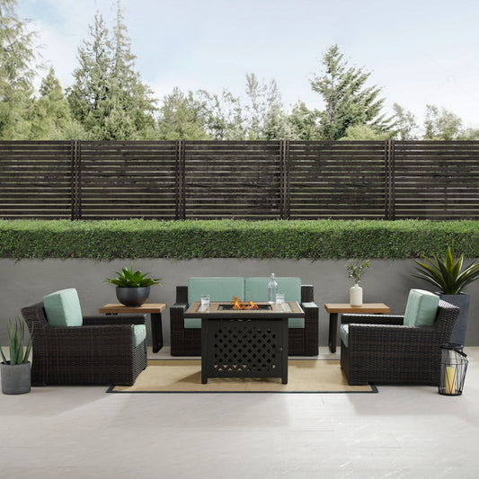 Beaufort 6Pc Outdoor Wicker Conversation Set W/Fire Table Mist/Brown - Tucson Fire Table, Loveseat, 2 Side Tables, & 2 Chairs