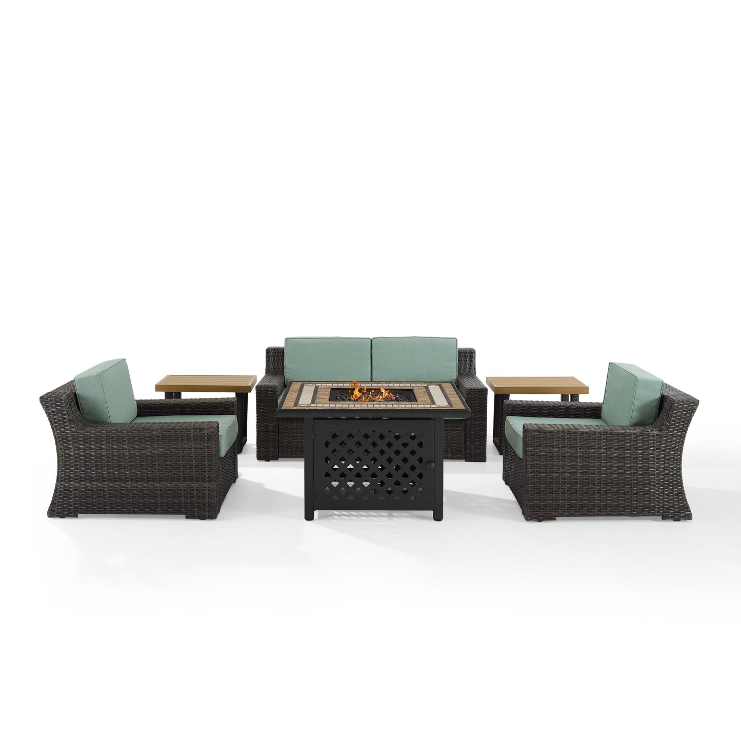 Beaufort 6Pc Outdoor Wicker Conversation Set W/Fire Table Mist/Brown - Tucson Fire Table, Loveseat, 2 Side Tables, & 2 Chairs