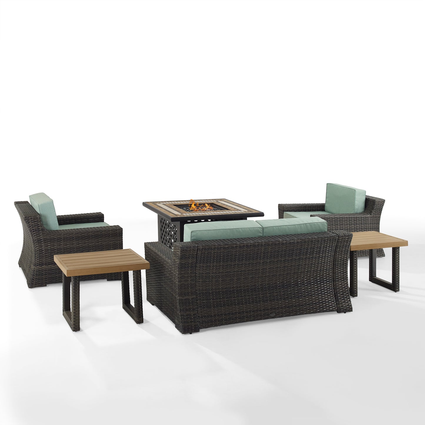 Beaufort 6Pc Outdoor Wicker Conversation Set W/Fire Table Mist/Brown - Tucson Fire Table, Loveseat, 2 Side Tables, & 2 Chairs