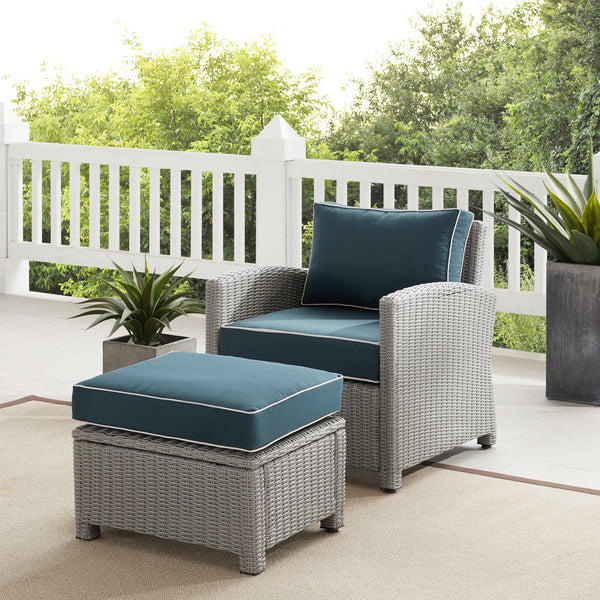 Bradenton 2Pc Outdoor Wicker Armchair Set Navy/Gray - Armchair & Ottoman