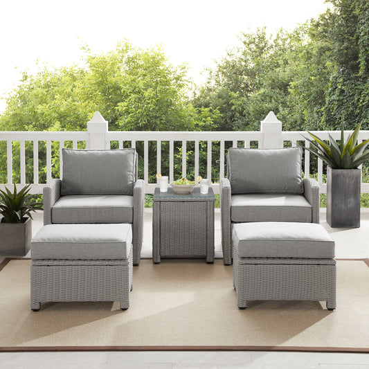 Bradenton 5Pc Outdoor Wicker Armchair Set Gray - Side Table, 2 Arm Chairs & 2 Ottomans