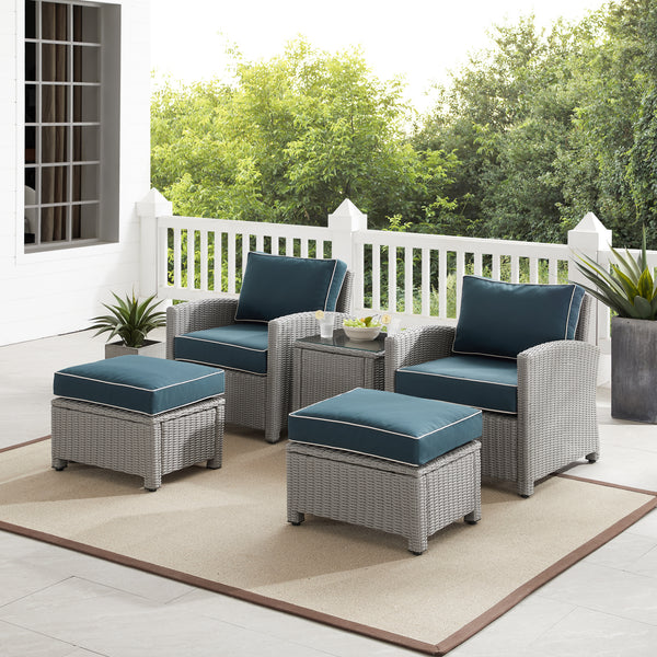 Bradenton 5Pc Outdoor Wicker Armchair Set Navy/Gray - Side Table, 2 Arm Chairs & 2 Ottomans