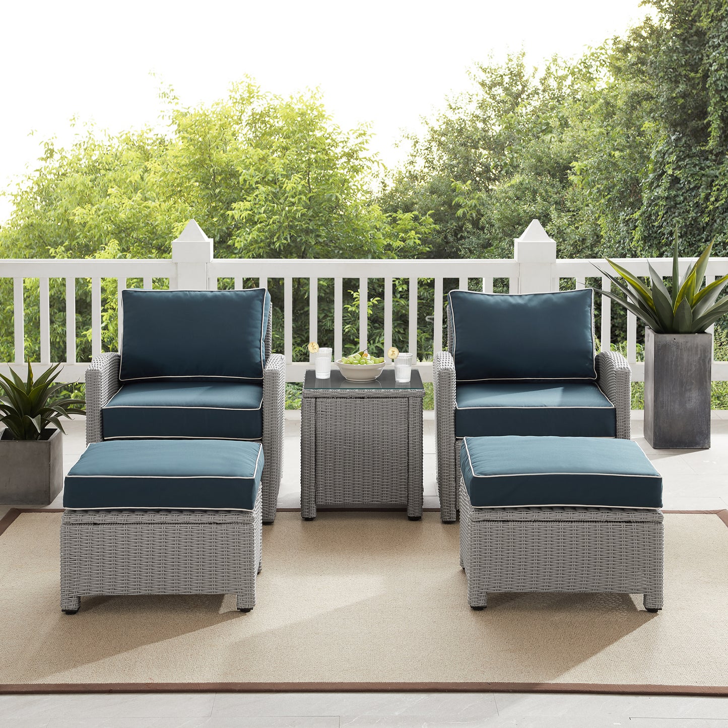 Bradenton 5Pc Outdoor Wicker Armchair Set Navy/Gray - Side Table, 2 Arm Chairs & 2 Ottomans