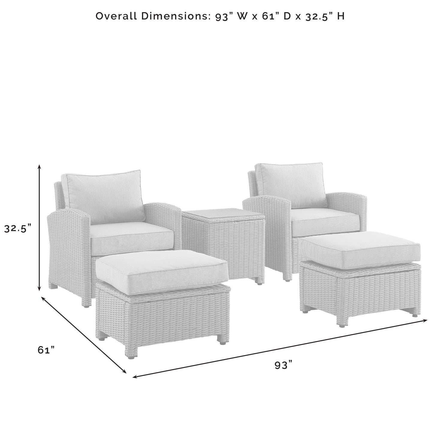 Bradenton 5Pc Outdoor Wicker Armchair Set Navy/Gray - Side Table, 2 Arm Chairs & 2 Ottomans