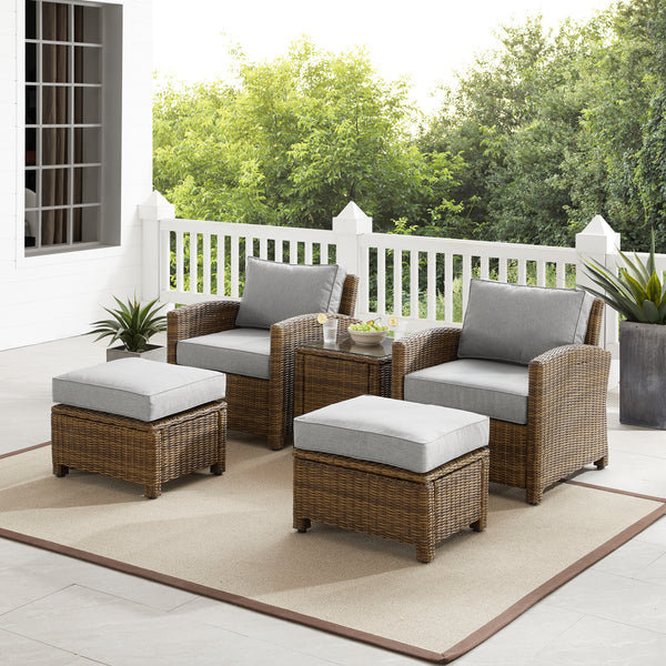 Bradenton 5Pc Outdoor Wicker Armchair Set Gray /Weathered Brown - Side Table, 2 Arm Chairs & 2 Ottomans