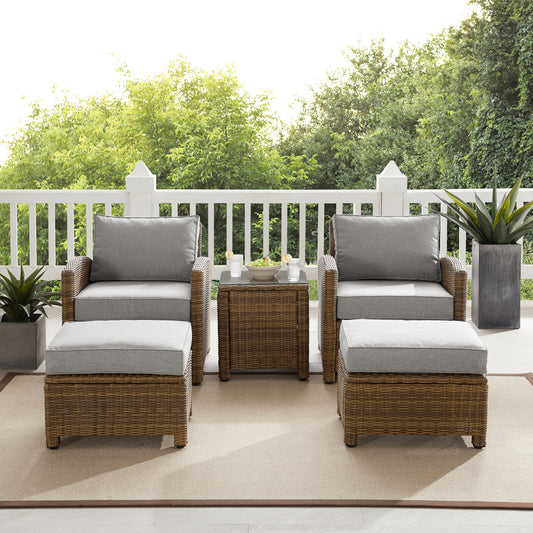 Bradenton 5Pc Outdoor Wicker Armchair Set Gray /Weathered Brown - Side Table, 2 Arm Chairs & 2 Ottomans