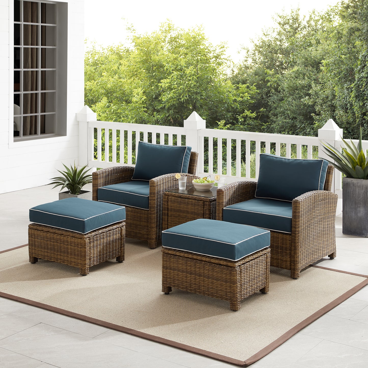 Bradenton 5Pc Outdoor Wicker Armchair Set Navy/ Weathered Brown - Side Table, 2 Arm Chairs & 2 Ottomans