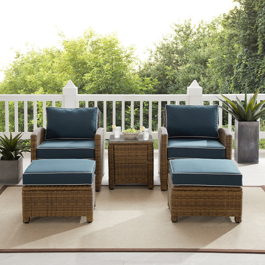 Bradenton 5Pc Outdoor Wicker Armchair Set Navy/ Weathered Brown - Side Table, 2 Arm Chairs & 2 Ottomans