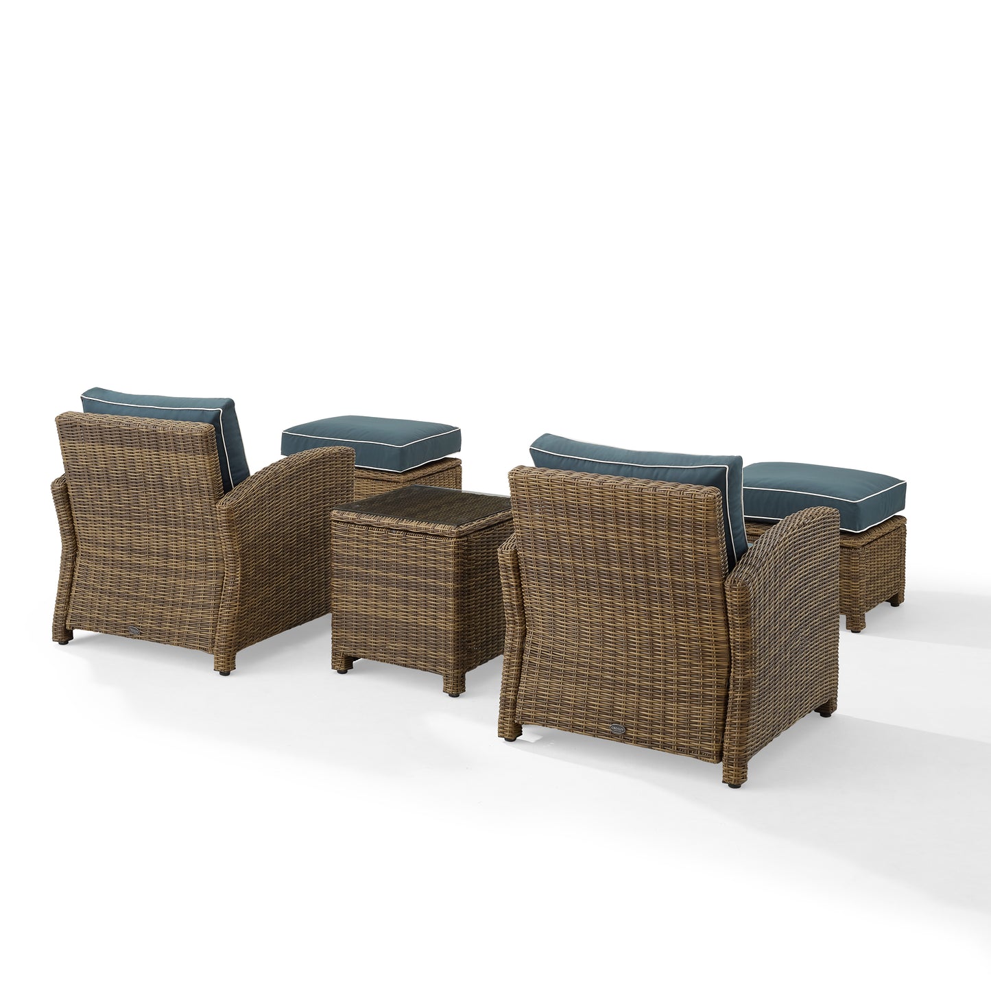 Bradenton 5Pc Outdoor Wicker Armchair Set Navy/ Weathered Brown - Side Table, 2 Arm Chairs & 2 Ottomans