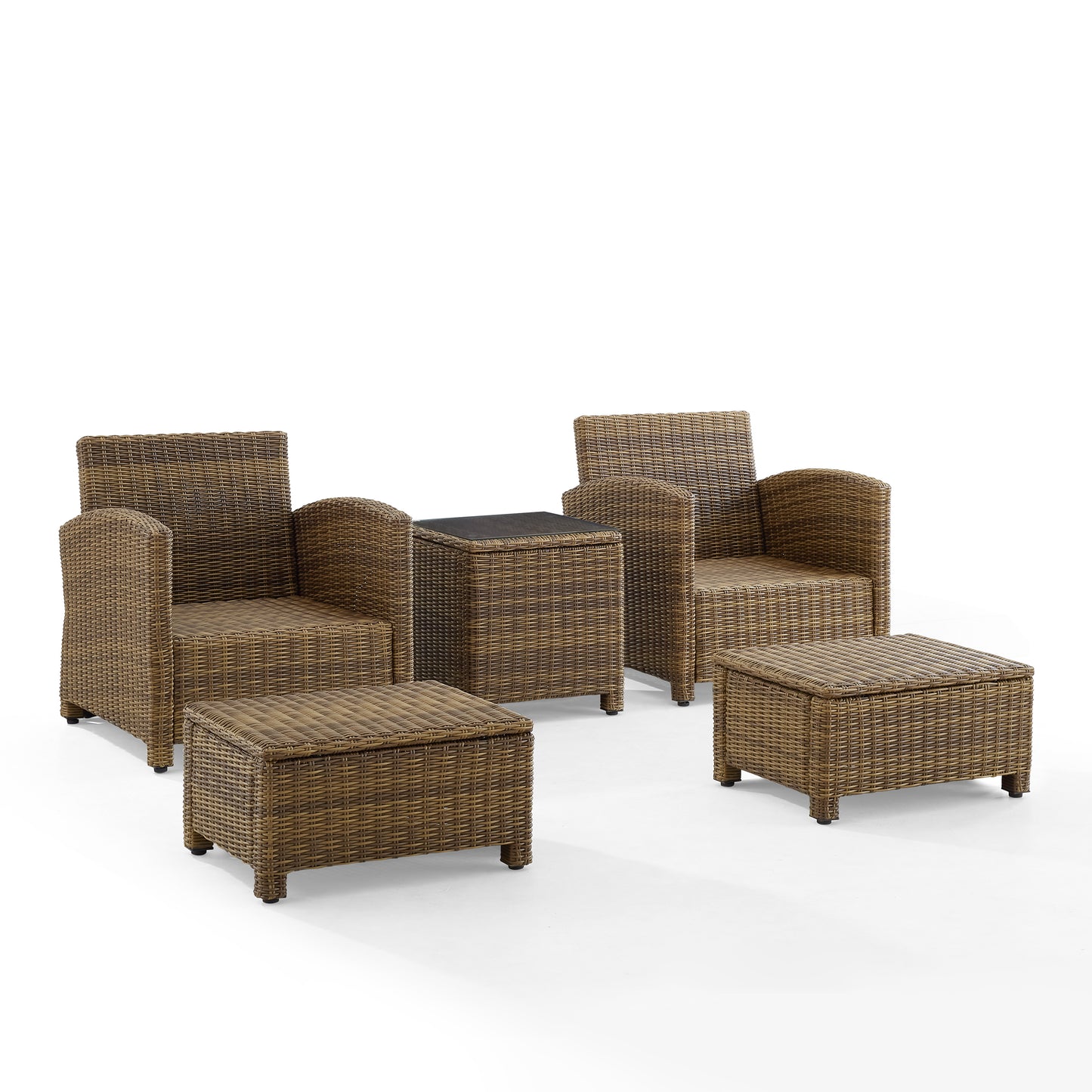 Bradenton 5Pc Outdoor Wicker Armchair Set Navy/ Weathered Brown - Side Table, 2 Arm Chairs & 2 Ottomans